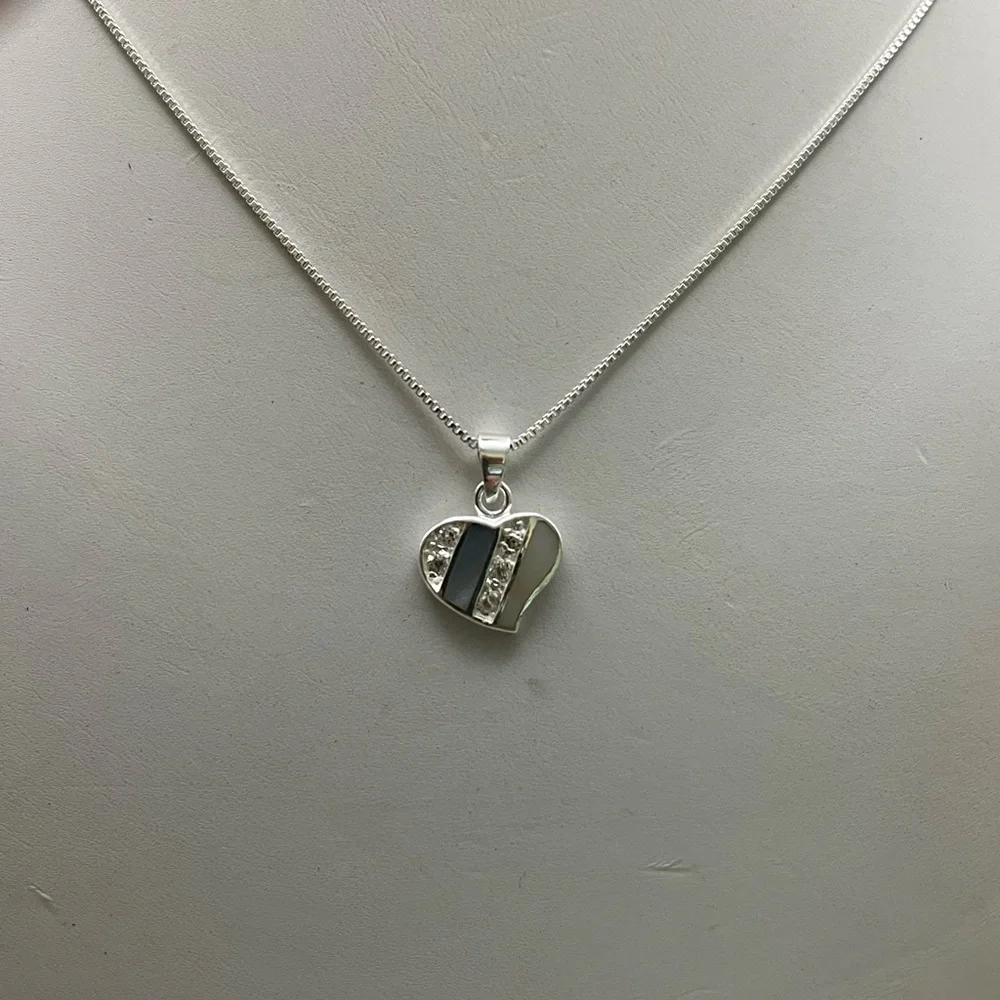 Contemporary Sterling Silver Gray and Blue Heart Necklace with Crystals